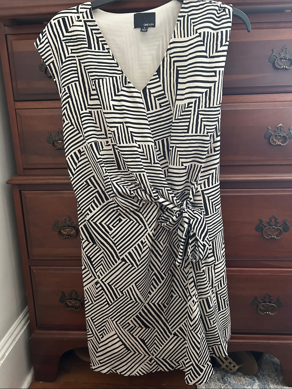 Greylin Black and White Geometric Silk Wrap Midi Dress